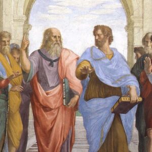 Ausschnitt aus dem Fresko "Die Schule von Athen". Man sieht Platon und Aristoteles diskutieren.