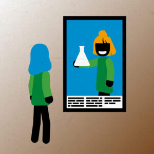 Eine Person, die vor einem Poster steht. Darauf ist eine weitere Person mit einem Erlenmeyerkolben zu sehen.