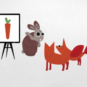 Ein Hase, der auf eine Tafel mit einer Karotte zeigt. Vor ihm stehen zwei Füchse.
